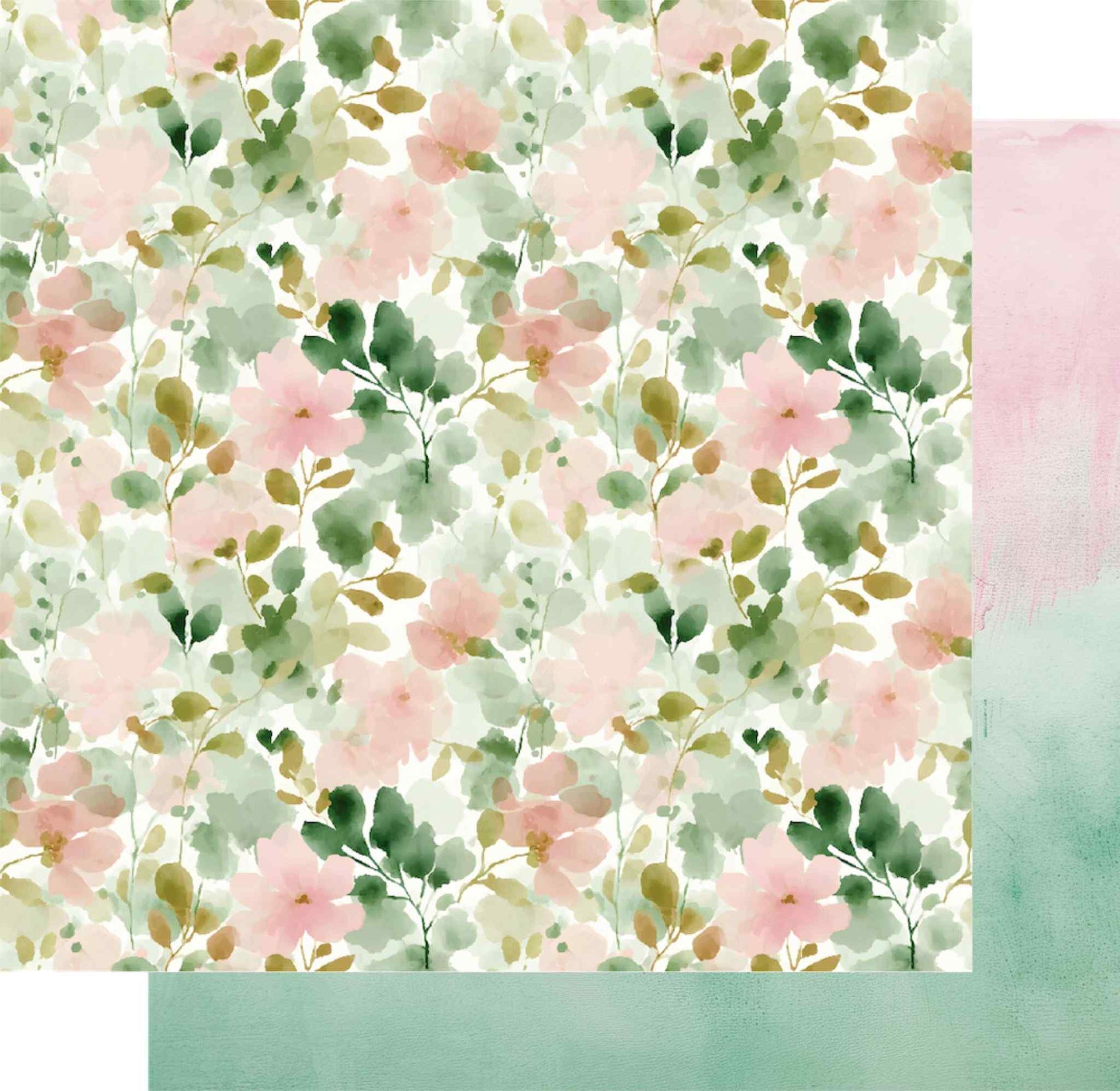 Uniquely Creative Tea and Tranquility Steeped in Blooms 12x12 double-sided paper showing watercolour floral front and soft blush-to-sage ombré reverse