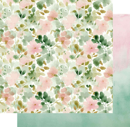 Uniquely Creative Tea and Tranquility Steeped in Blooms 12x12 double-sided paper showing watercolour floral front and soft blush-to-sage ombré reverse