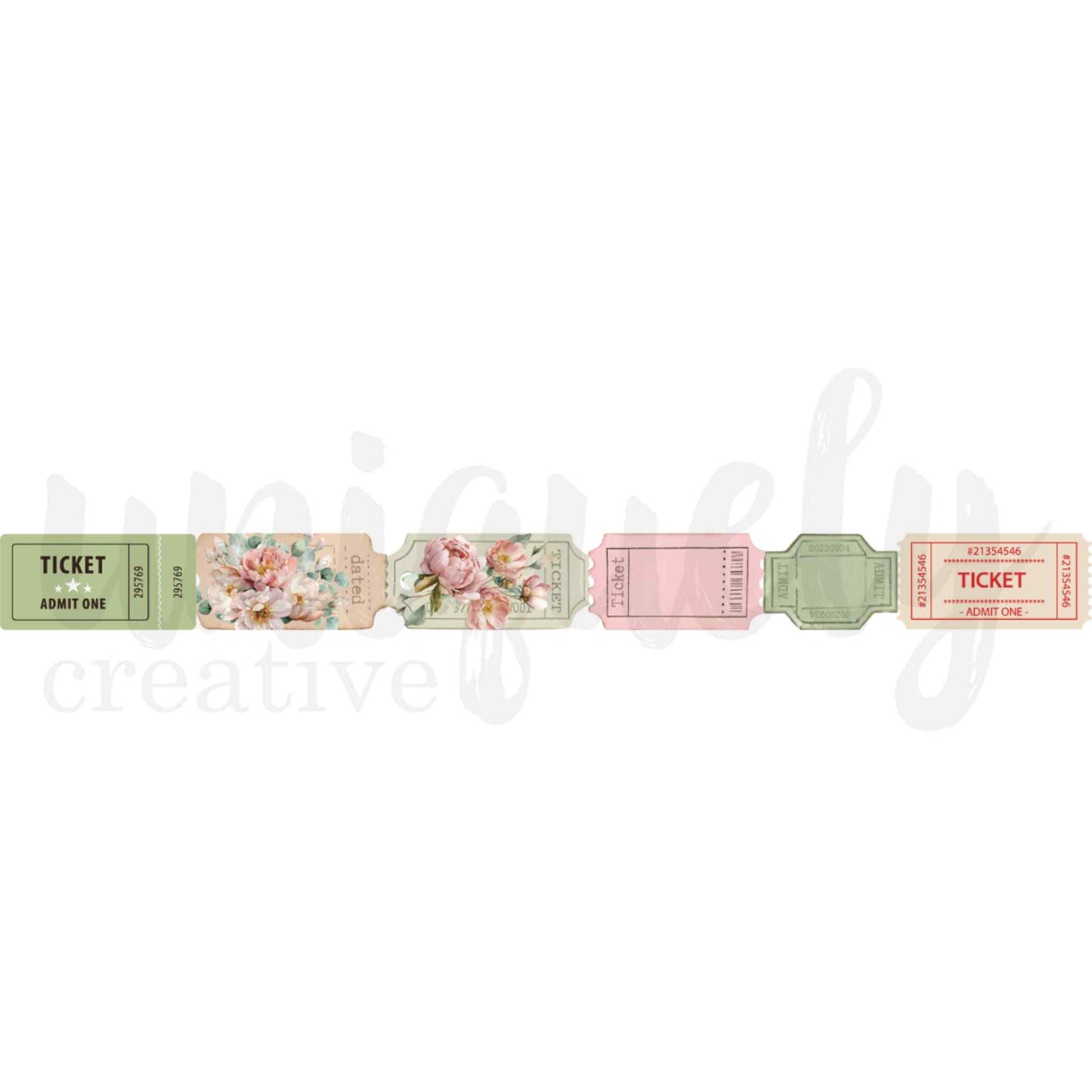 Vintage Tickets printed washi tape by Uniquely Creative — 30mm wide tape showing repeating vintage ticket designs in sage green, blush floral, soft pink, and cream with red print