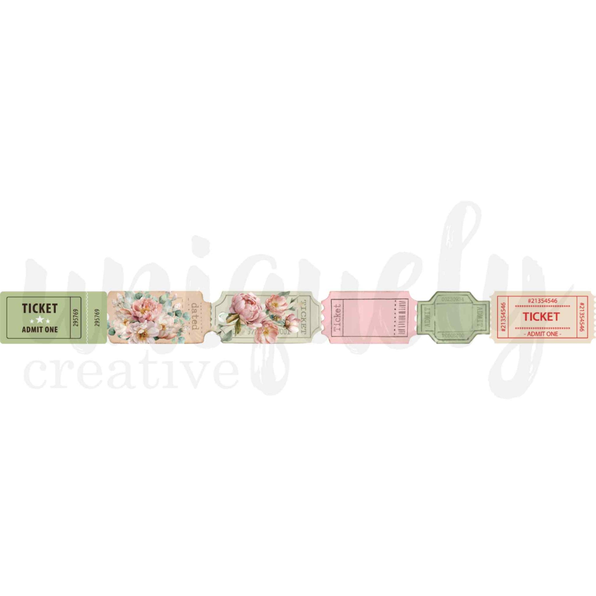 Vintage Tickets printed washi tape by Uniquely Creative — 30mm wide tape showing repeating vintage ticket designs in sage green, blush floral, soft pink, and cream with red print