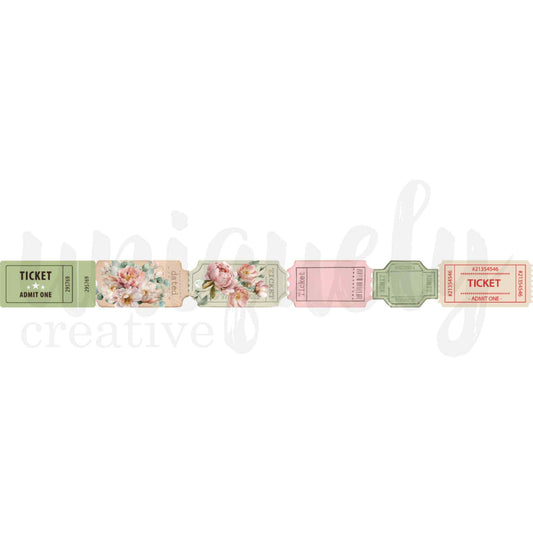 Vintage Tickets printed washi tape by Uniquely Creative — 30mm wide tape showing repeating vintage ticket designs in sage green, blush floral, soft pink, and cream with red print