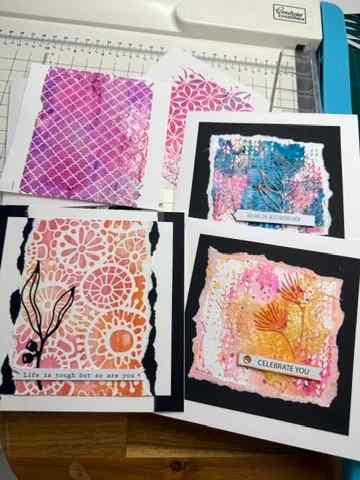 Colourful stencilled mixed media backgrounds and handmade cards using UNIQOLOUR White Texture Paste