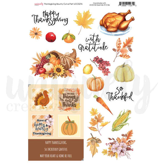 Portrait Thanksgiving cut-a-part sheet with a turkey, cornucopia, pumpkins, fruit, corn and autumn leaves. Prominent script reads “Happy Thanksgiving,” “with gratitude” and “So Thankful,” with framed Thanksgiving sentiments below.