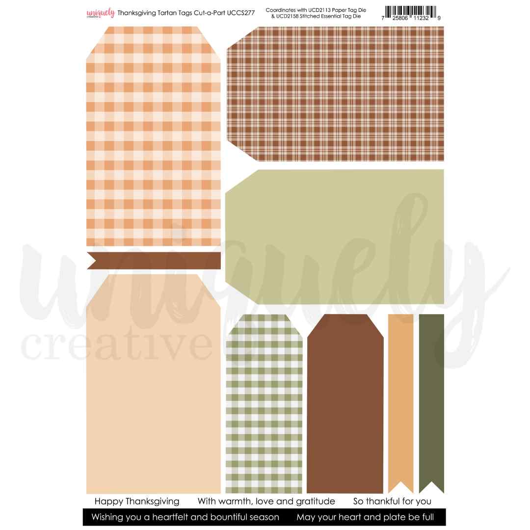 A sheet of Thanksgiving-themed paper tag cutouts from Uniquely Creative, featuring various shapes and patterns including orange and brown gingham, brown plaid, solid sage green, solid tan, solid brown, and solid olive green. The sheet includes printed text and a barcode.