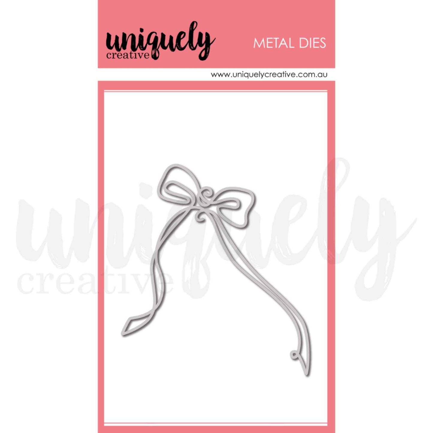 Uniquely Creative The Finishing Touch Bow Die metal die showing a delicate outline bow with decorative swirl centre and two long sweeping ribbon tails that curl at the ends, approximately 4 by 3 and a half inches