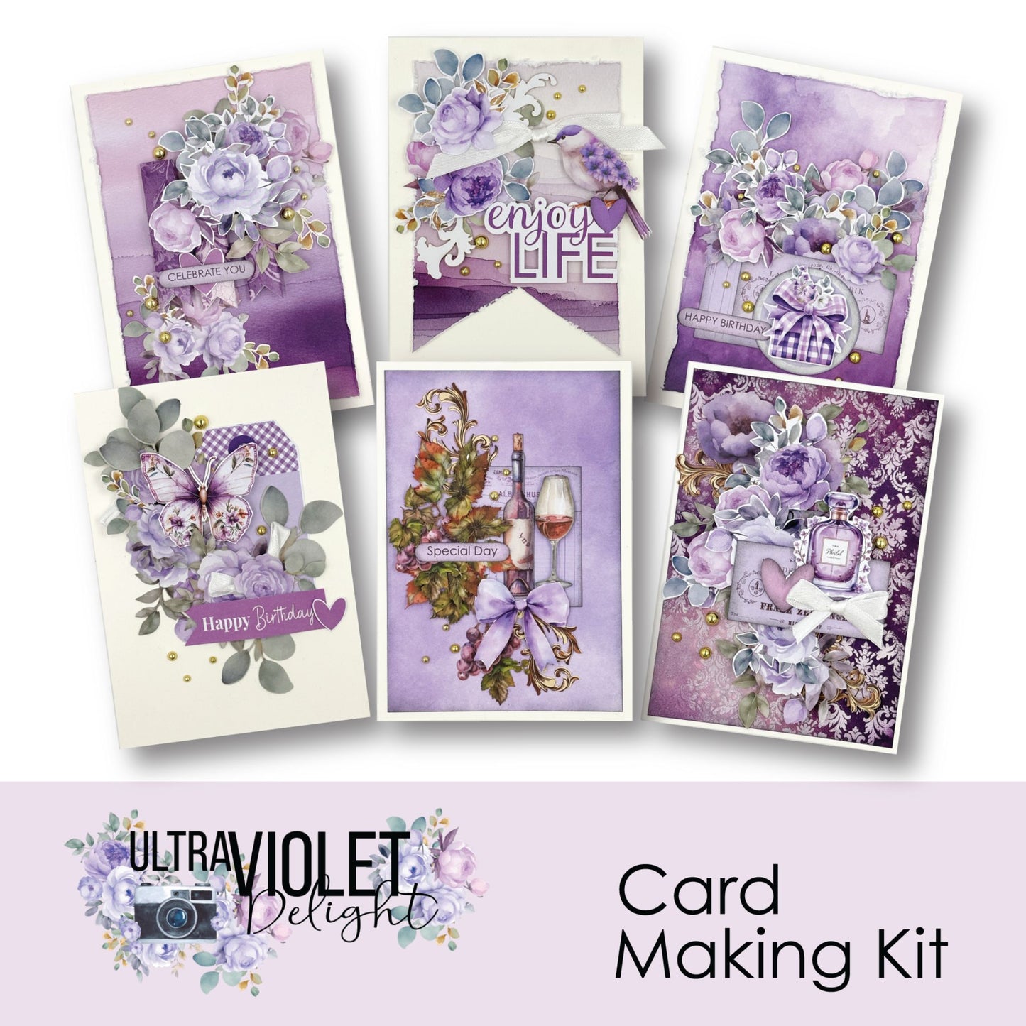 Uniquely Creative Ultraviolet Delight Card Making Kit showing six finished card samples featuring watercolour florals, celebration sentiments, butterflies, and vintage elements in purple and sage green tones
