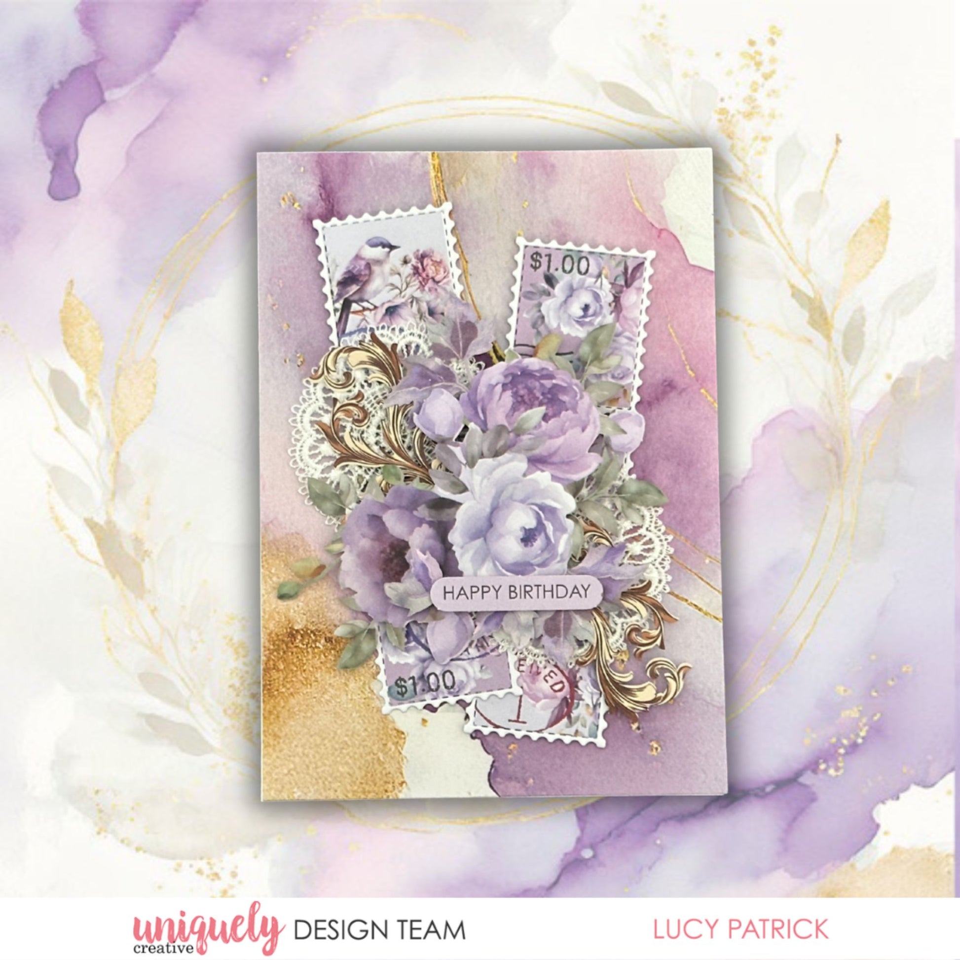 Birthday card with Uniquely Creative Ultraviolet Delight collection featuring purple watercolour papers, postage stamps, gold foil, and lavender florals by Lucy Patrick