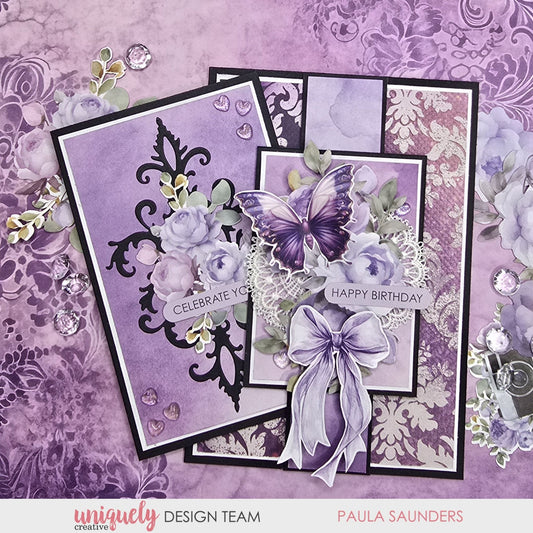 Birthday card with slide out section using Uniquely Creative Ultraviolet Delight collection with purple watercolour papers, butterfly embellishments, and ornate die cuts by Paula Saunders