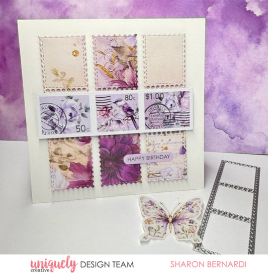 Birthday card with Uniquely Creative Ultraviolet Delight collection featuring purple floral papers, postage stamp die cuts, and gold foil accents by Sharon Bernardi