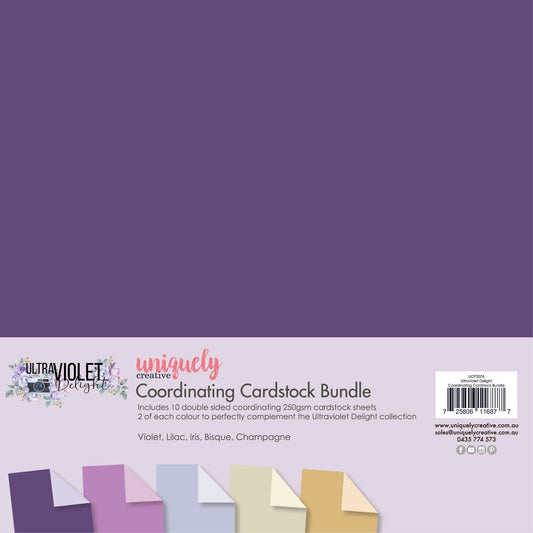 Uniquely Creative Ultraviolet Delight Coordinating Cardstock Bundle featuring 10 double-sided sheets in violet, lilac, iris, bisque, and champagne