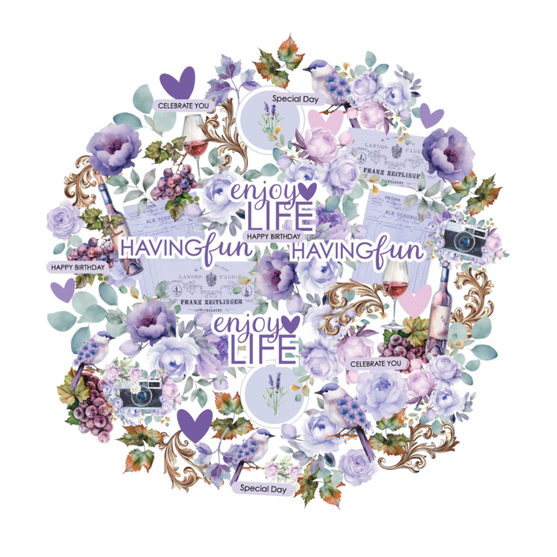 Uniquely Creative Ultraviolet Delight Creative Cuts showing die-cut cardstock embellishments including watercolour florals, celebration sentiments like enjoy LIFE and HAVING fun, vintage cameras, wine glasses, and ornate flourishes in purple and sage green