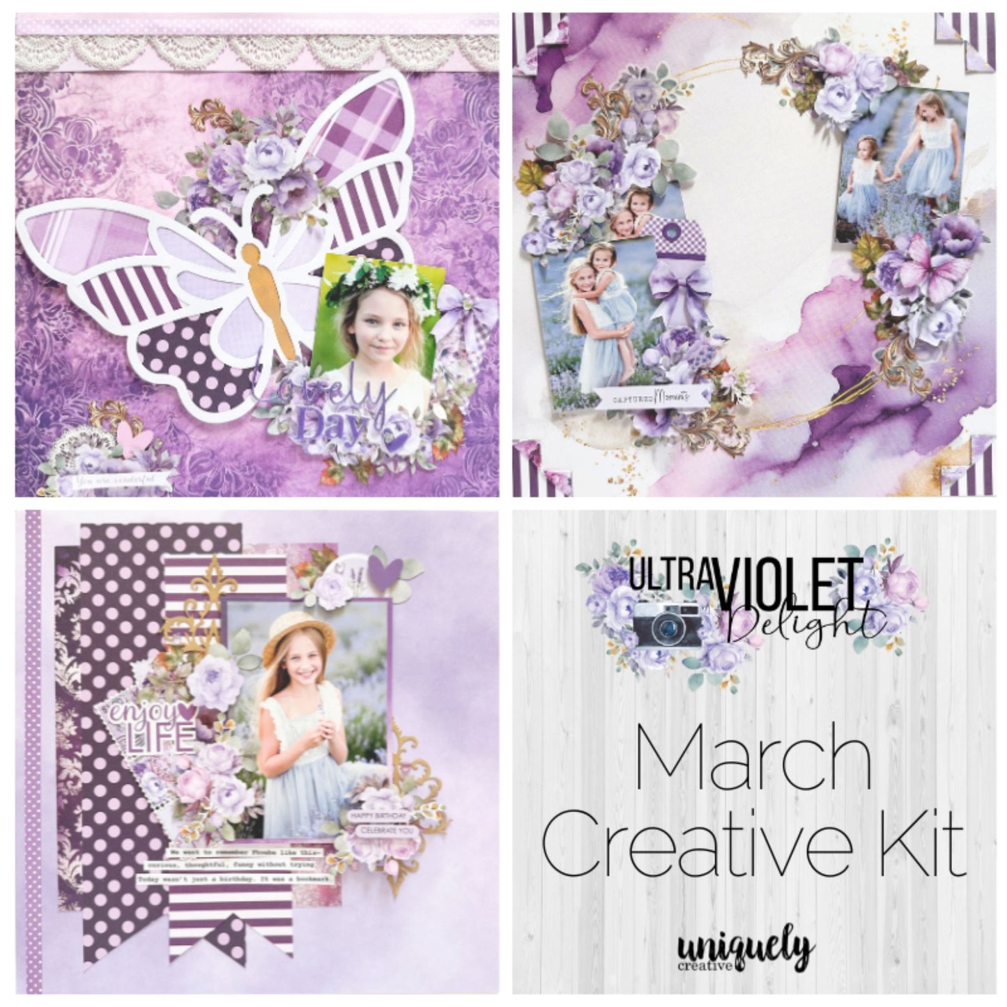 Uniquely Creative Ultraviolet Delight Creative Kit showing three finished scrapbooking layout samples featuring watercolour florals, butterflies, and celebration sentiments in purple and sage green tones