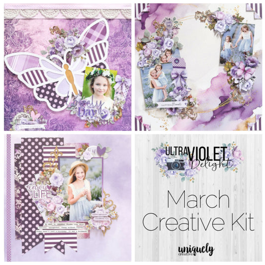 Uniquely Creative Ultraviolet Delight Creative Kit showing three finished scrapbooking layout samples featuring watercolour florals, butterflies, and celebration sentiments in purple and sage green tones