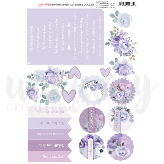 Uniquely Creative Ultraviolet Delight Cut-a-Part Sheet featuring purple watercolour florals, sentiments, and embellishment elements