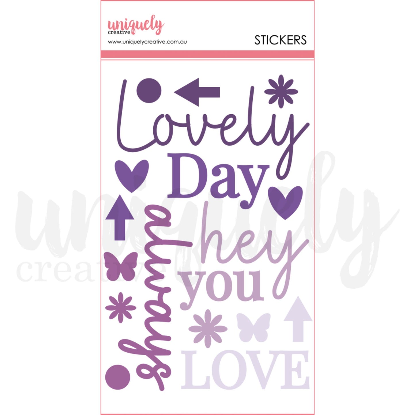 Uniquely Creative Ultraviolet Delight Felt Title Stickers showing 18 purple felt pieces including sentiments like Lovely Day, hey you, and LOVE with butterflies, hearts, and floral motifs