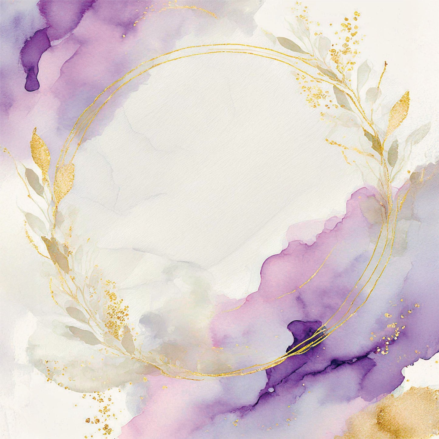 Front of Uniquely Creative Ultraviolet Delight Gold and Amethyst 12x12 scrapbook paper with gold botanical wreath