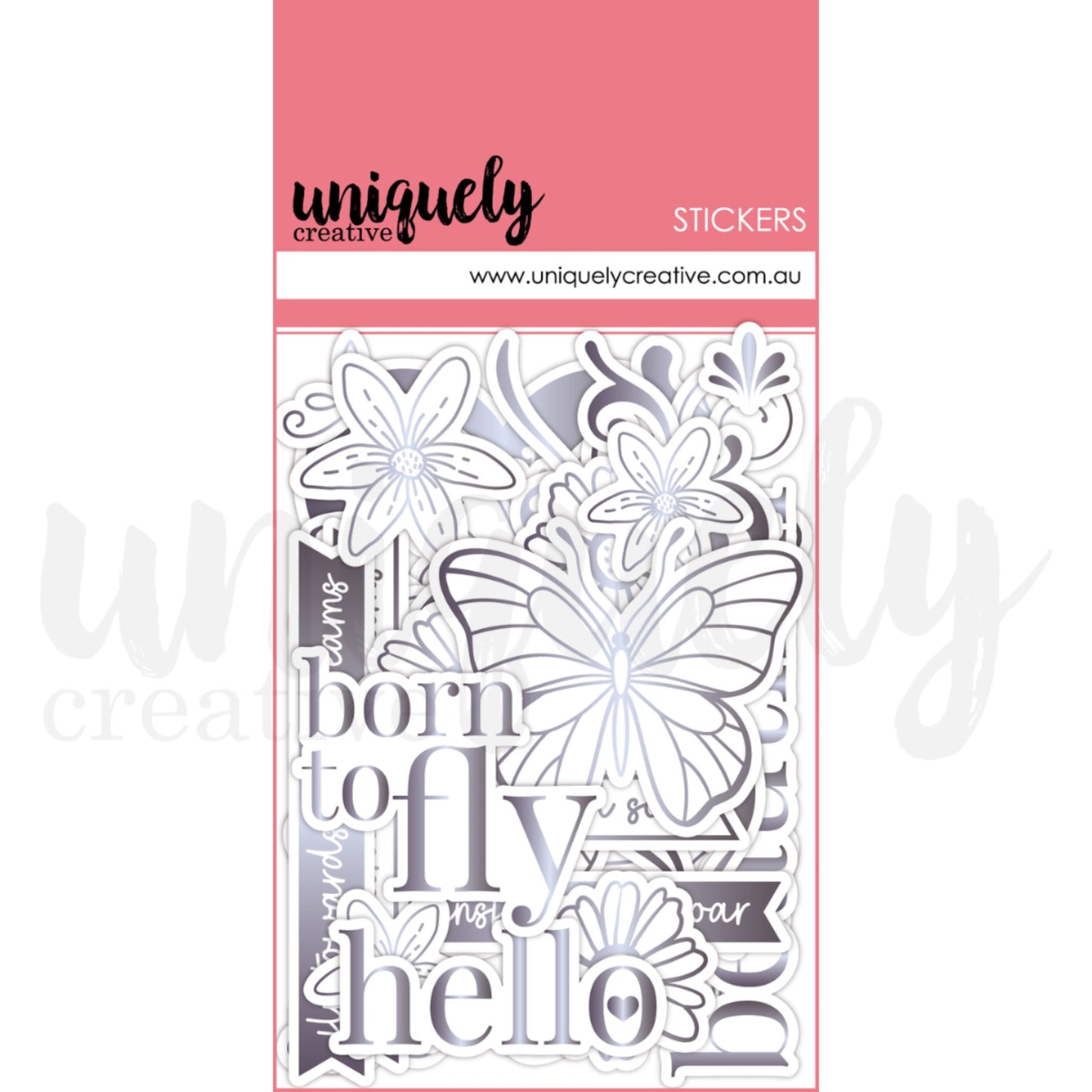 Uniquely Creative Ultraviolet Delight Holographic Ephemera sticker sheet showing die-cut acetate pieces with silver holographic foil including butterflies, florals, and sentiment words