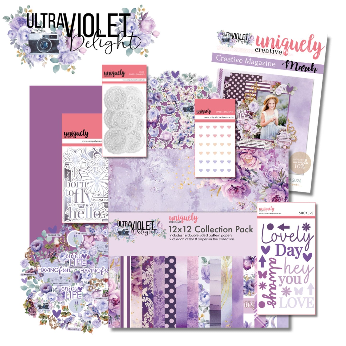 Uniquely Creative Ultraviolet Delight Creative Kit contents including 12x12 collection pack, creative cuts, vellum die-cuts, stickers, creative magazine, and coordinated papers in purple tones