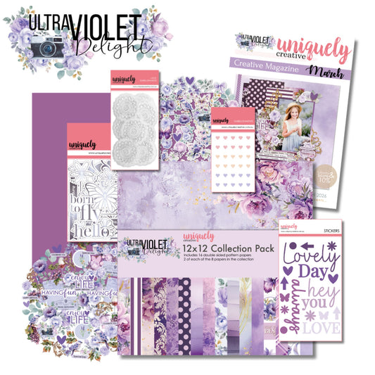 Uniquely Creative Ultraviolet Delight Creative Kit contents including 12x12 collection pack, creative cuts, vellum die-cuts, stickers, creative magazine, and coordinated papers in purple tones