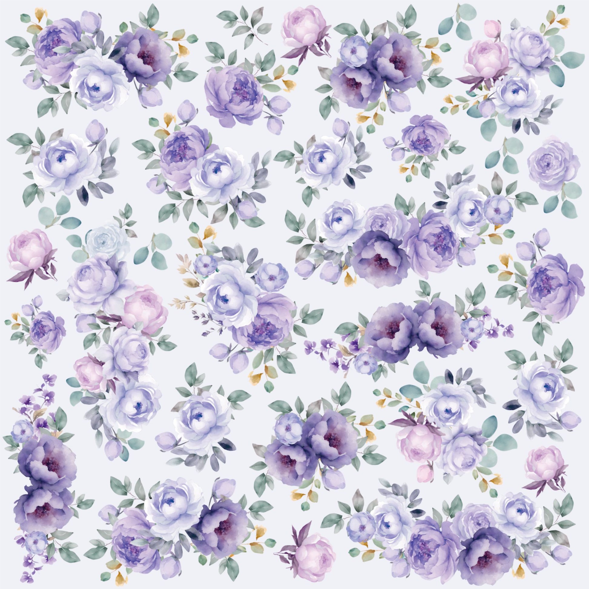 Front of Uniquely Creative Ultraviolet Delight Lavender Breeze 12x12 scrapbook paper with purple roses and eucalyptus