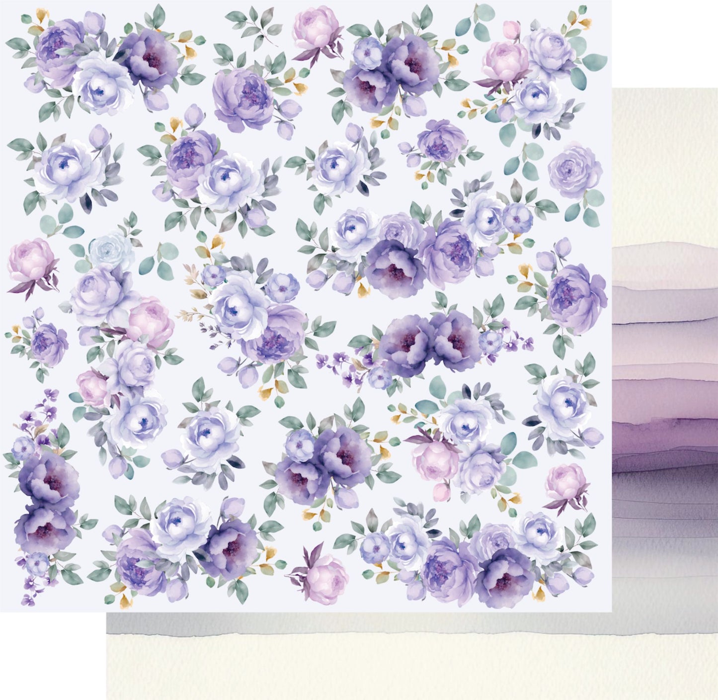 Uniquely Creative Ultraviolet Delight Lavender Breeze 12x12 paper featuring purple watercolour florals with eucalyptus leaves