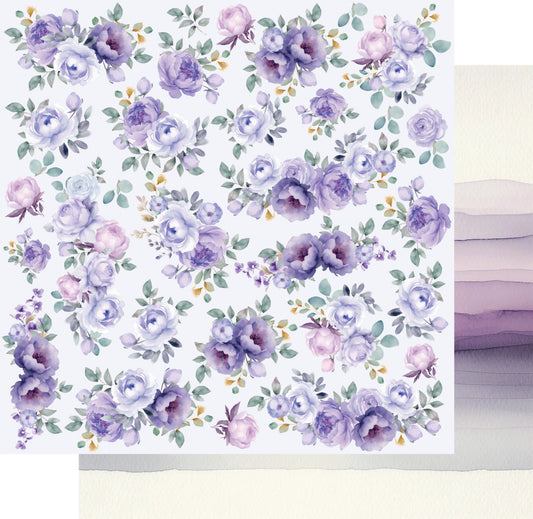 Uniquely Creative Ultraviolet Delight Lavender Breeze 12x12 paper featuring purple watercolour florals with eucalyptus leaves