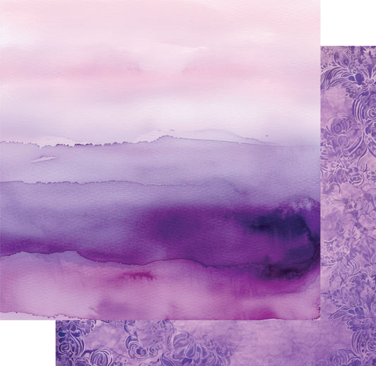 Uniquely Creative Ultraviolet Delight Layers of Lilac 12x12 paper featuring purple watercolour gradient with ornate floral border corner