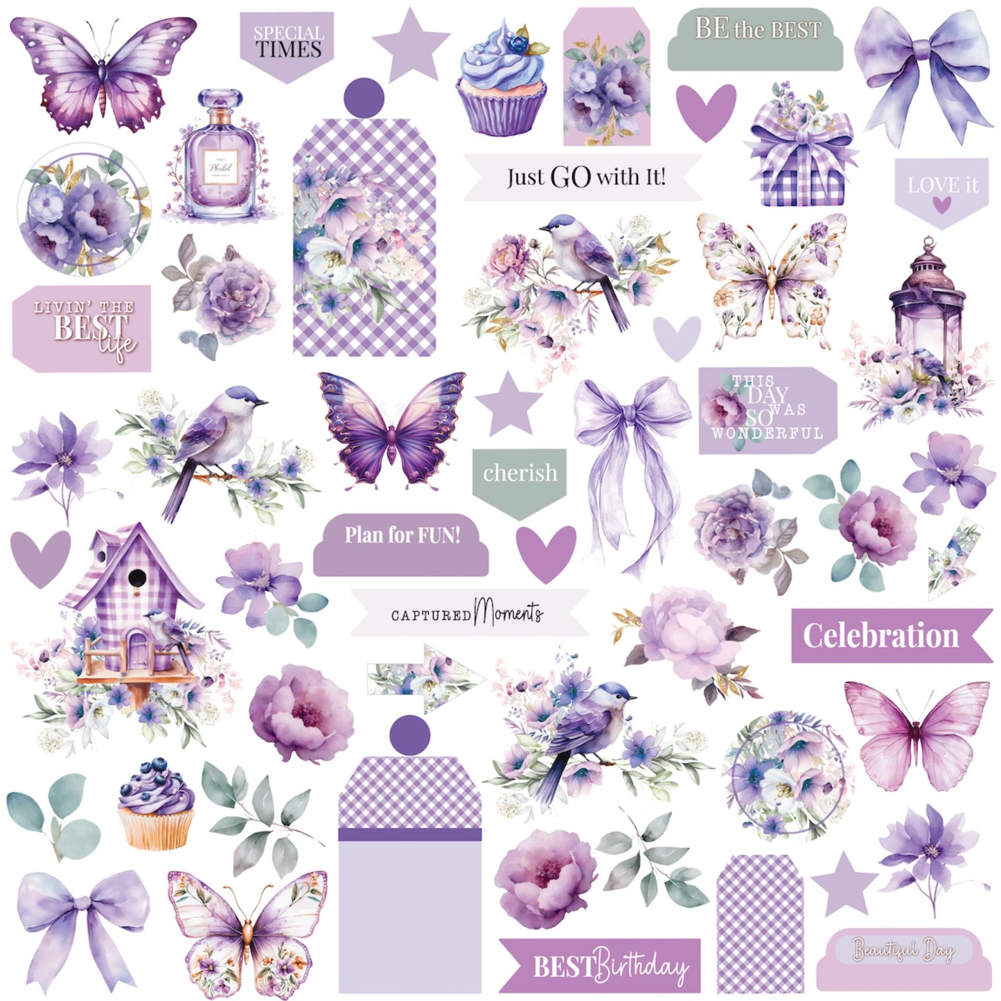 Front of Uniquely Creative Ultraviolet Delight Living Life's Moments 12x12 scrapbook paper with cut-apart elements