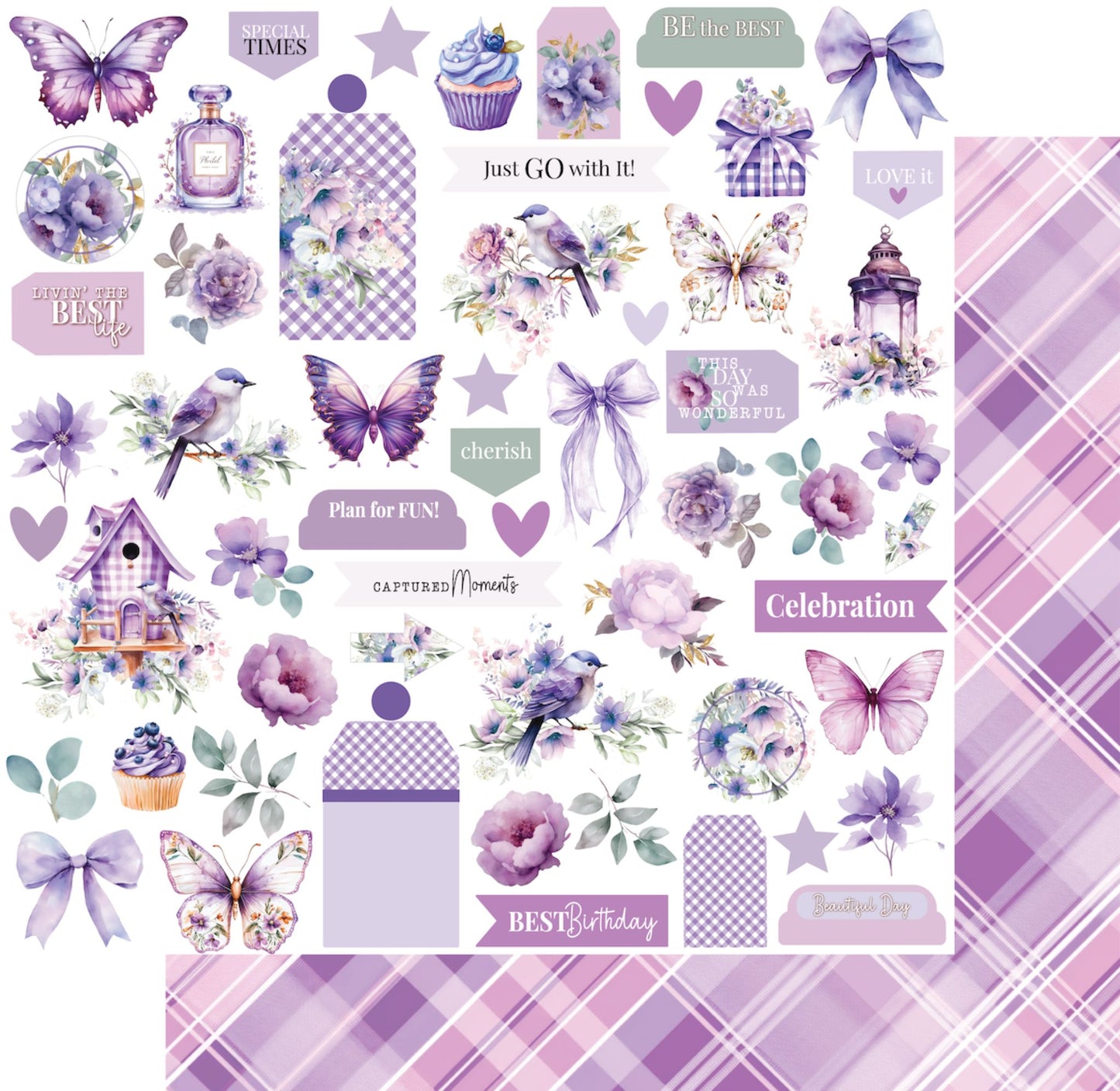 Uniquely Creative Ultraviolet Delight Living Life's Moments 12x12 paper featuring purple cut-apart elements with diagonal plaid