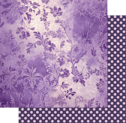 Uniquely Creative Ultraviolet Delight Magical Mauve 12x12 paper featuring purple damask florals with polka dot reverse