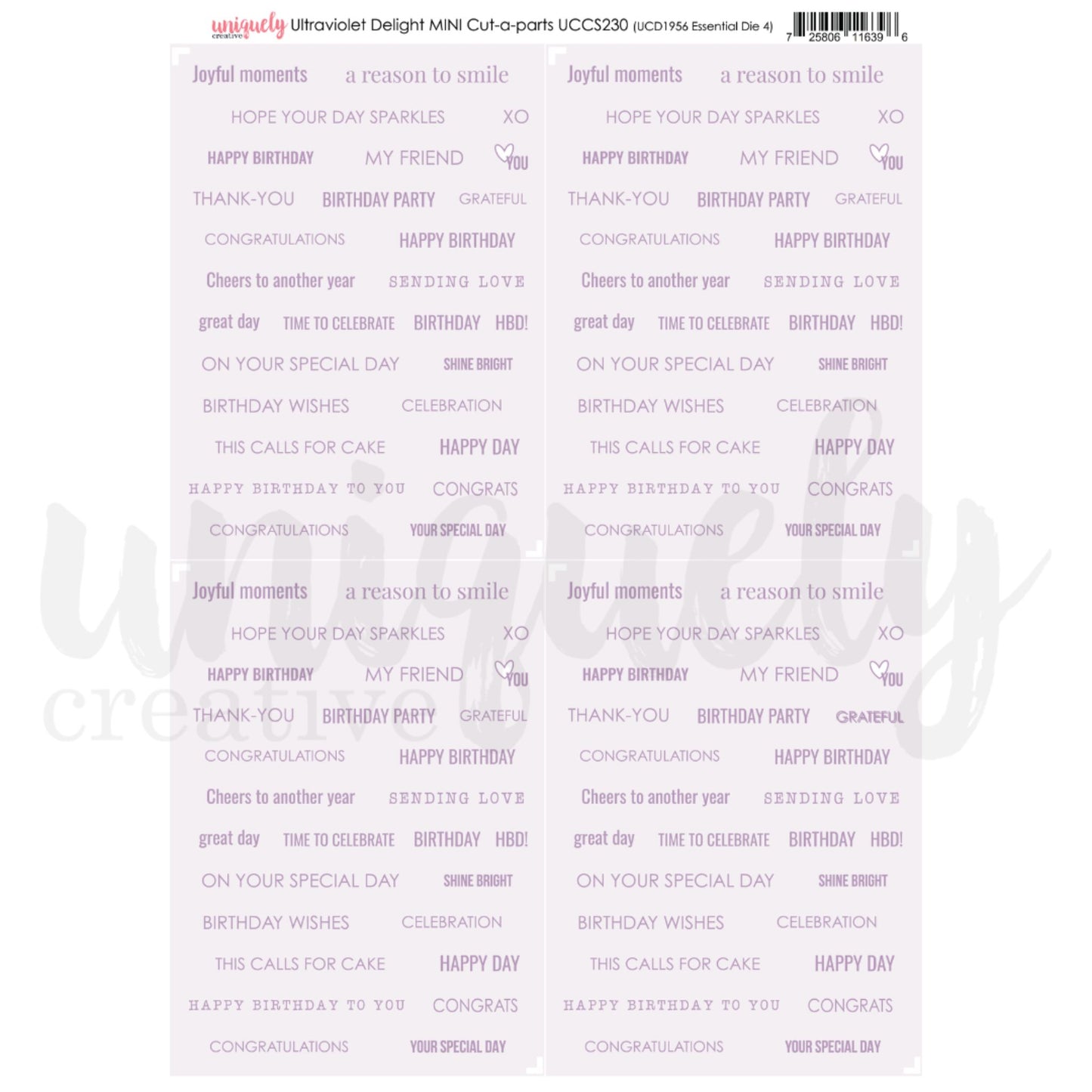 Uniquely Creative Ultraviolet Delight Mini Cut-a-Part Sheet featuring purple sentiment words and phrases for birthday cards