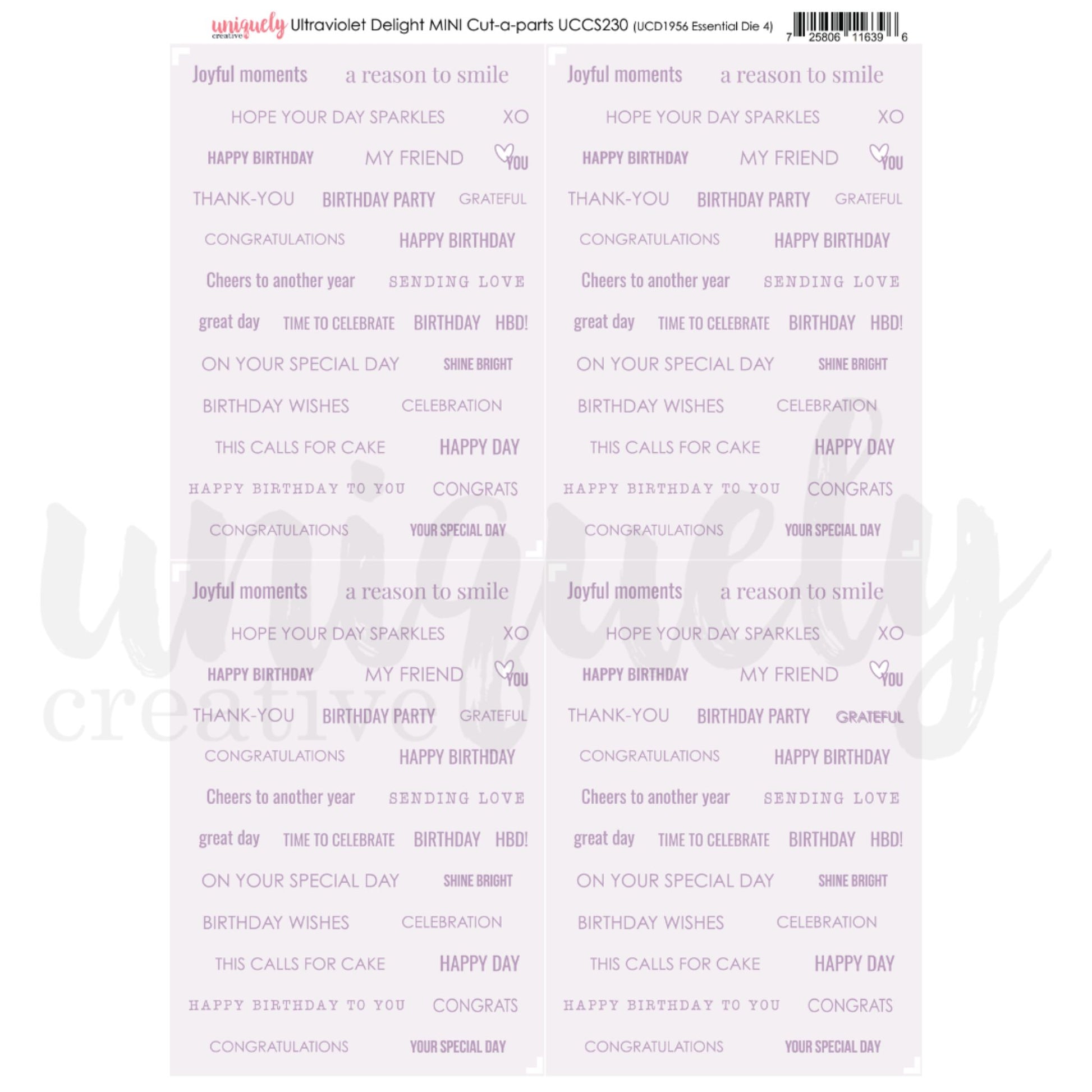 Uniquely Creative Ultraviolet Delight Mini Cut-a-Part Sheet featuring purple sentiment words and phrases for birthday cards