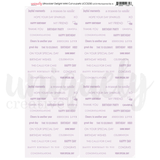 Uniquely Creative Ultraviolet Delight Mini Cut-a-Part Sheet featuring purple sentiment words and phrases for birthday cards