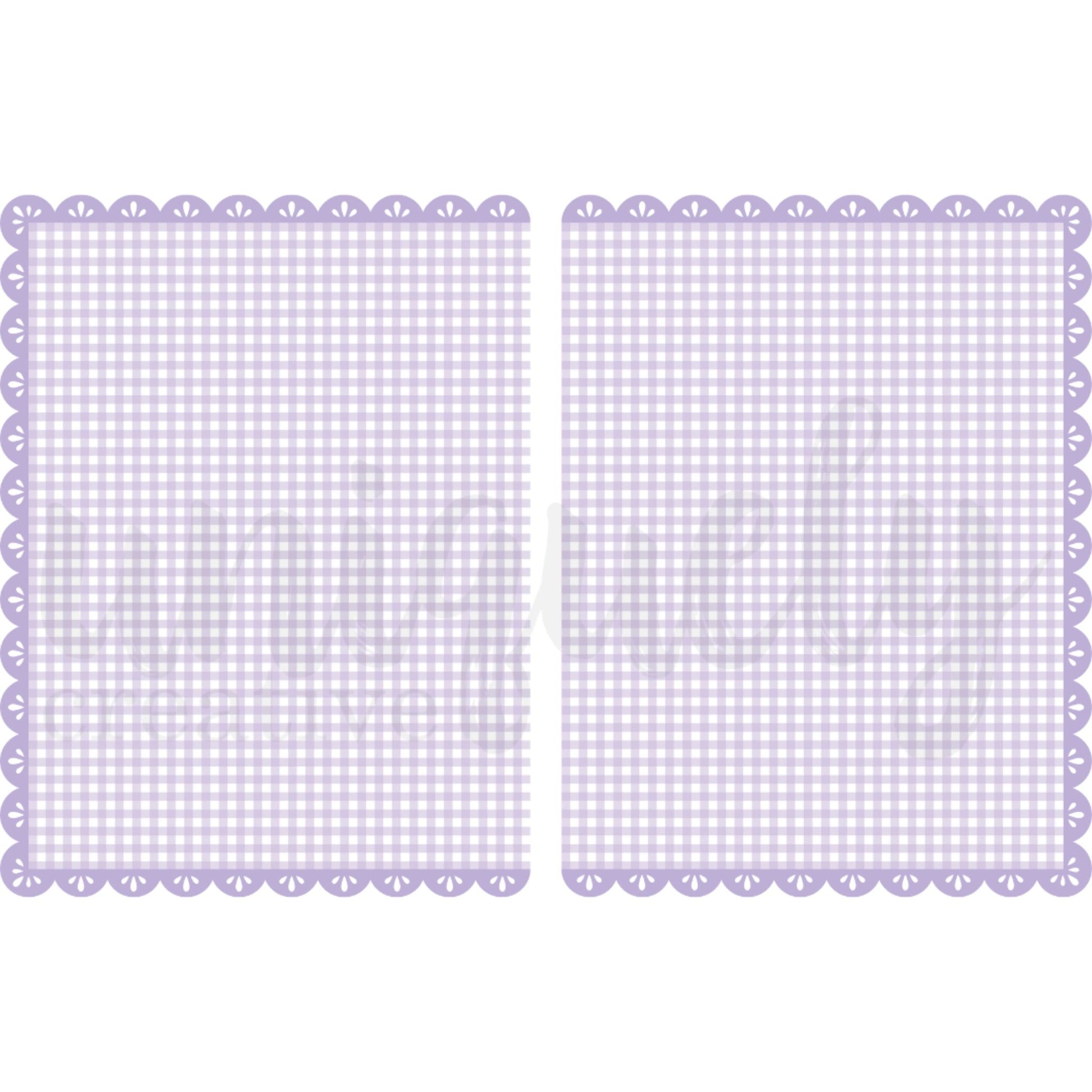 Uniquely Creative Ultraviolet Delight Purple Gingham Double Decorative Base Layer showing two pieces with purple and white gingham check pattern and decorative scalloped edges