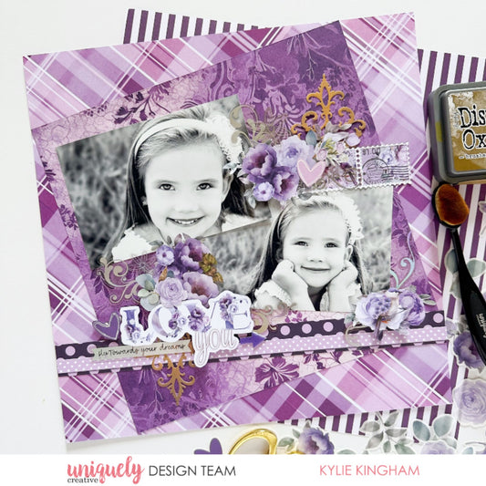 Scrapbook layout using Uniquely Creative Ultraviolet Delight collection with purple plaid papers, lavender florals, and gold embellishments by Kylie Kingham