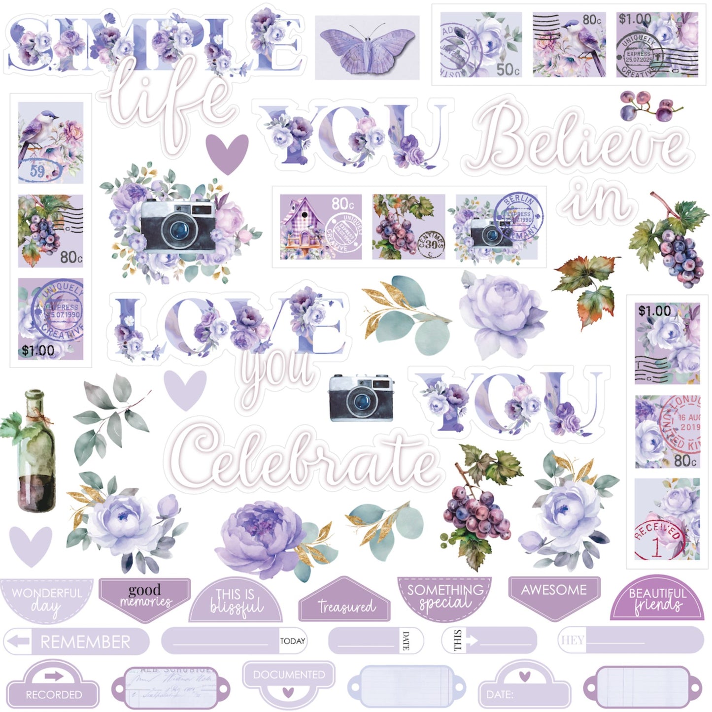 Front of Uniquely Creative Ultraviolet Delight Simple Life 12x12 scrapbook paper with cut-apart embellishments