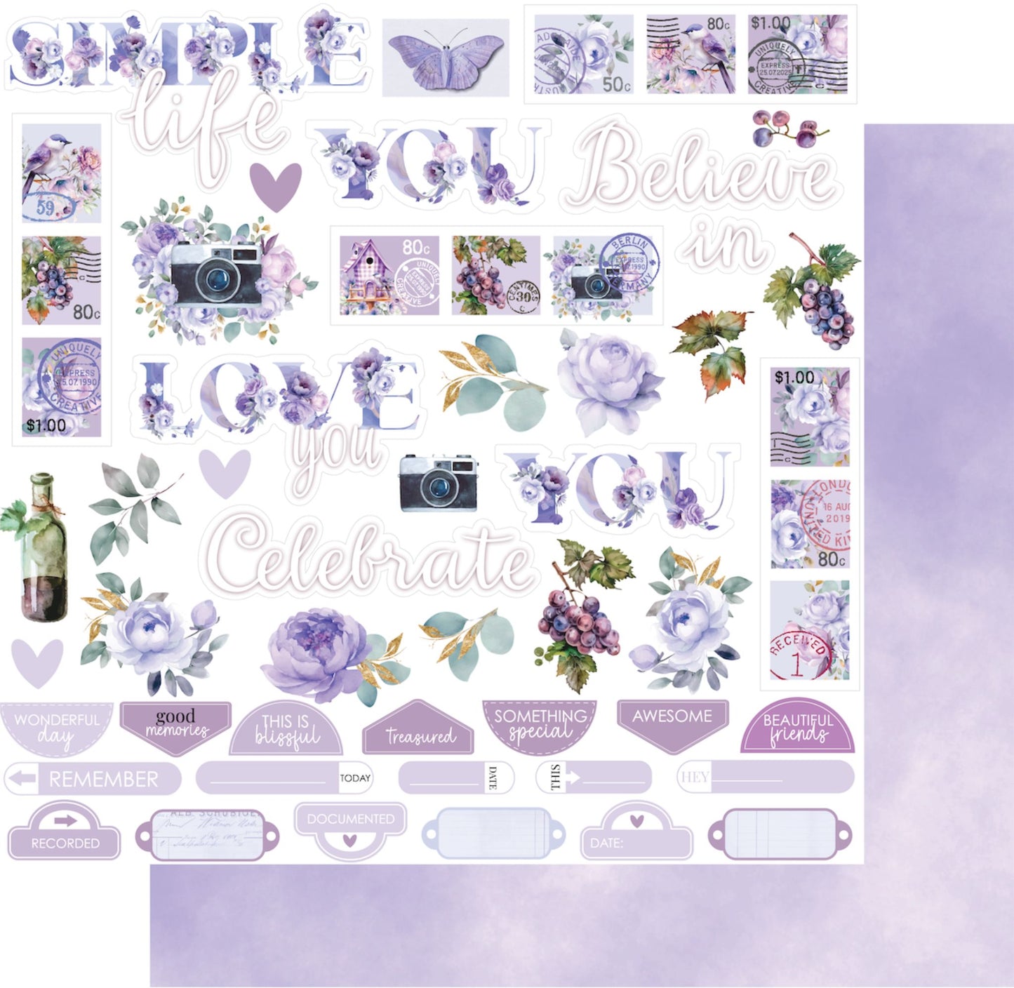 Uniquely Creative Ultraviolet Delight Simple Life 12x12 paper featuring purple cut-apart elements with watercolour reverse