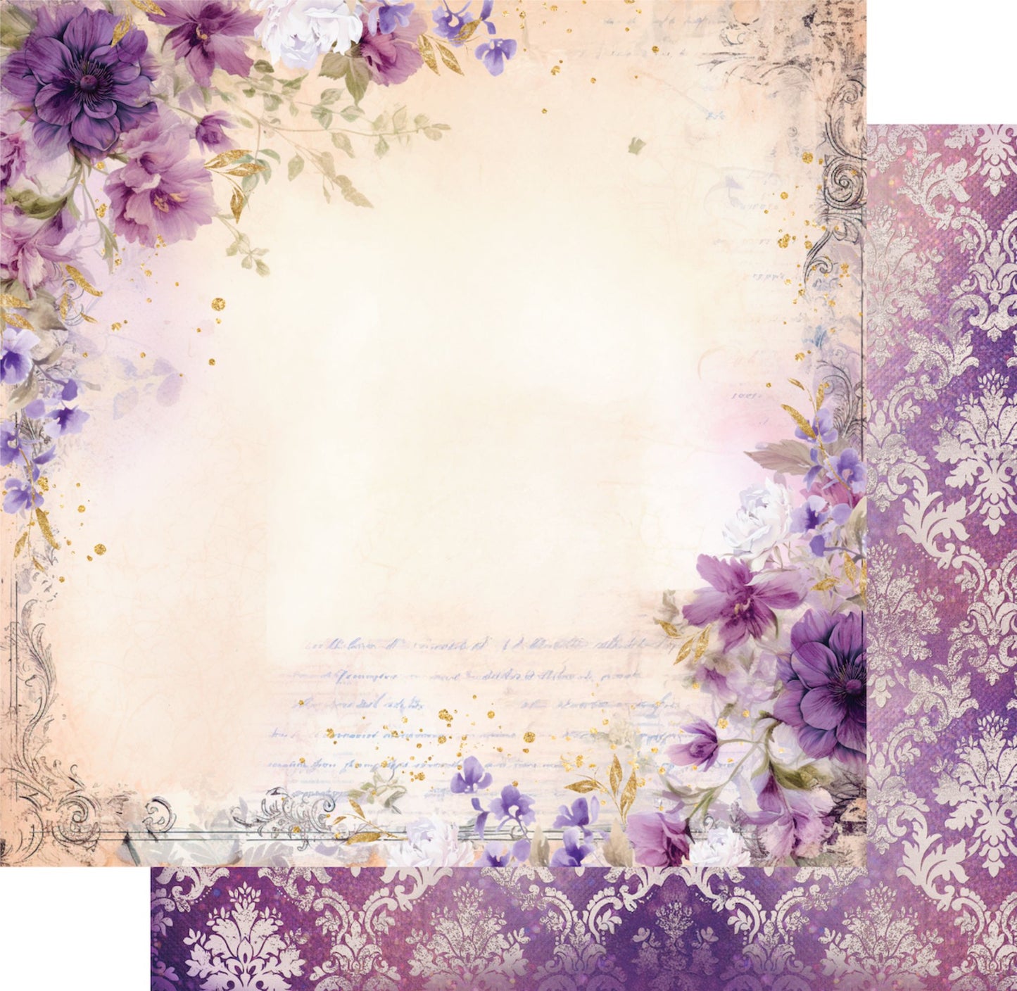 Uniquely Creative Ultraviolet Delight Very Violet 12x12 paper featuring purple watercolour florals with damask reverse