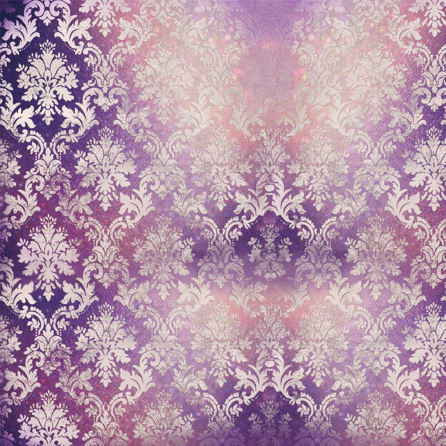 Reverse side of Uniquely Creative Ultraviolet Delight Very Violet paper showing purple damask pattern with watercolour overlay