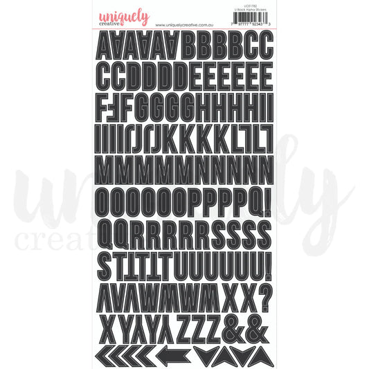 Uniquely Creative Alpha Stickers Uppercase Black — A–Z letters, punctuation and arrow embellishments, approx. 1" high for scrapbooking and card making 
