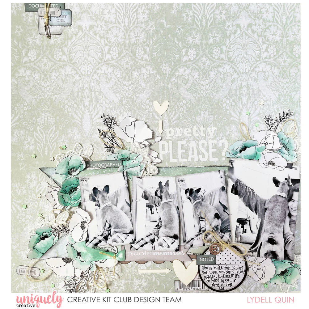 Uniquely Creative Alpha Stickers in White spelling "pretty PLEASE?" on a scrapbook layout by Uniquely Creative Kit Club designer Lydell Quin