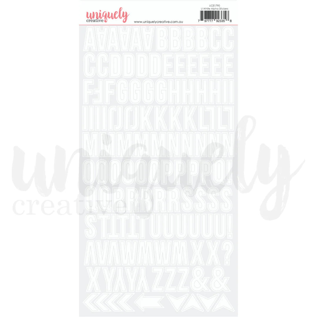 Uniquely Creative Alpha Stickers Uppercase White — A–Z letter sticker sheet approx. 1" high for scrapbooking and card making