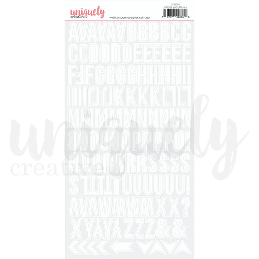 Uniquely Creative Alpha Stickers Uppercase White — A–Z letter sticker sheet approx. 1" high for scrapbooking and card making
