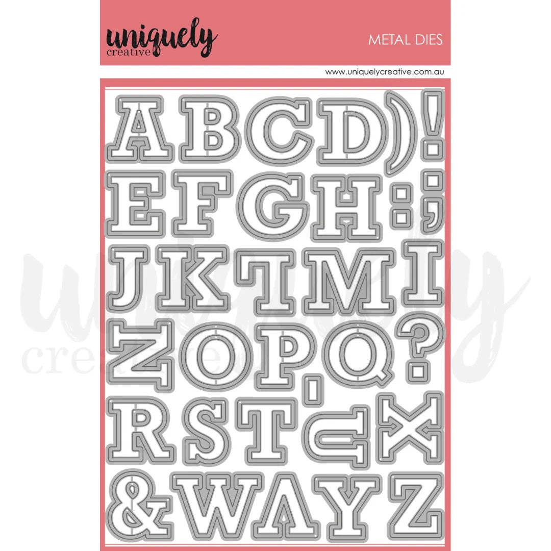 Uniquely Creative Uppercase Outline Alphabet Metal Dies showing complete A-Z alphabet and punctuation marks in outline style on pink branded packaging