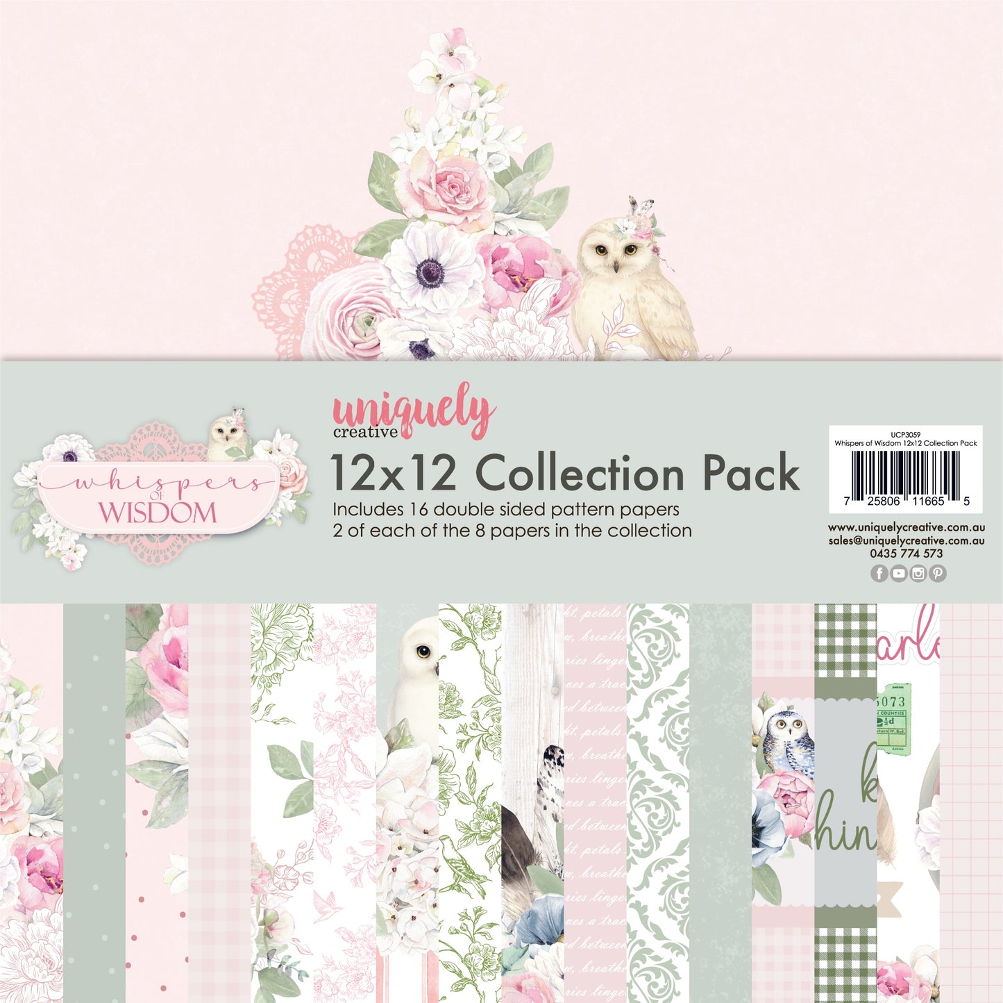 Uniquely Creative Whispers of Wisdom 12x12 Collection Pack showing package with watercolour floral arrangement and white owl on cover, displaying all 8 double-sided paper designs including florals, owls, vintage ephemera, wood grain, damask, gingham, polka dots and script patterns in pink, sage green and white 