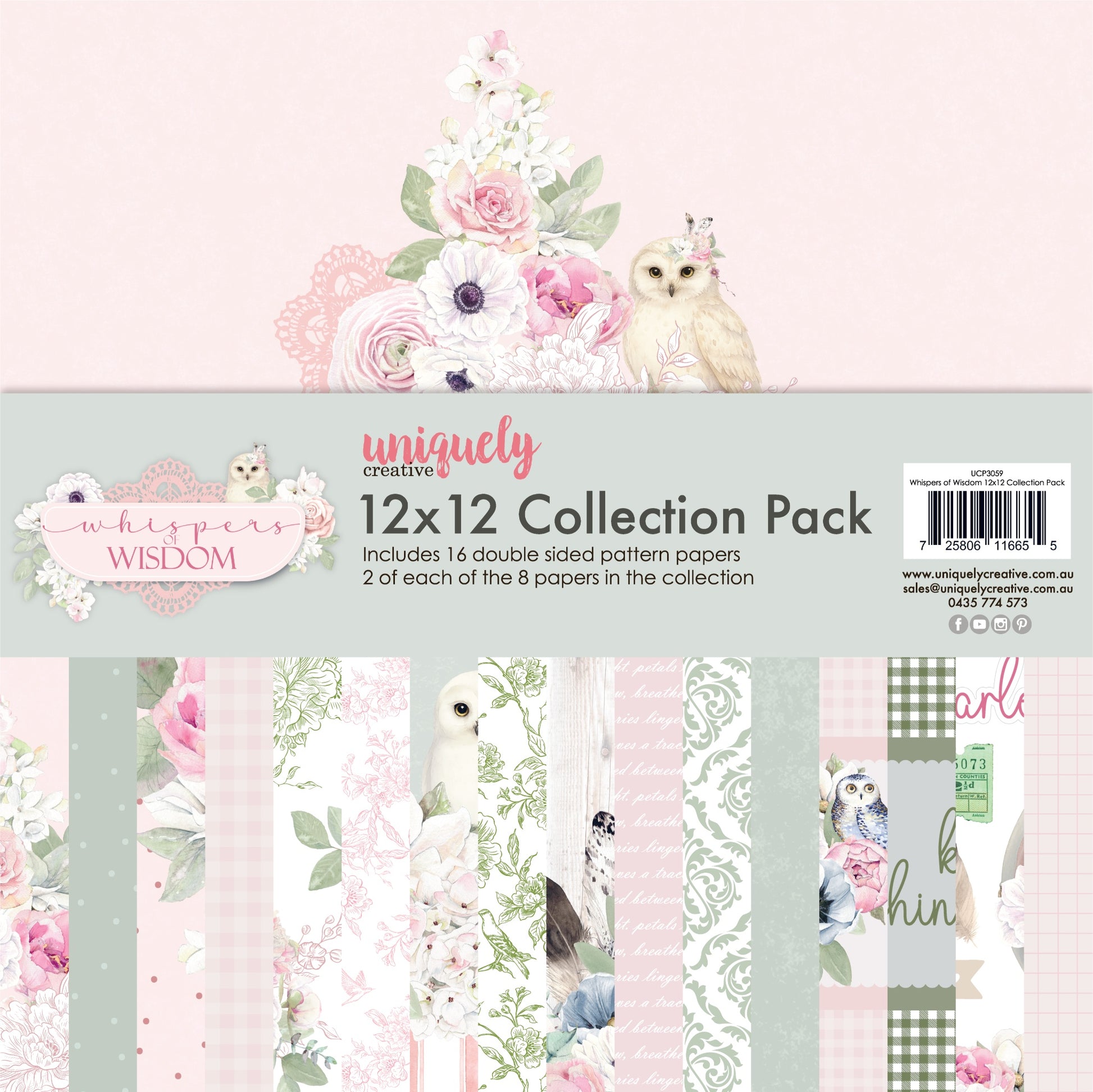 Uniquely Creative Whispers of Wisdom 12x12 Collection Pack showing package with watercolour floral arrangement and white owl on cover, displaying all 8 double-sided paper designs including florals, owls, vintage ephemera, wood grain, damask, gingham, polka dots and script patterns in pink, sage green and white 