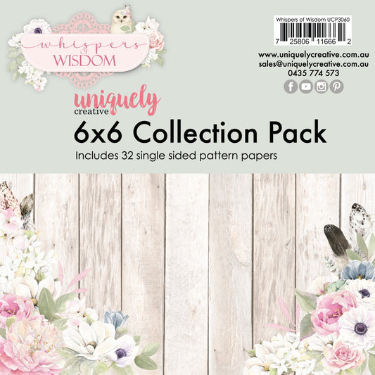 Uniquely Creative Whispers of Wisdom 6x6 Collection Pack cover showing white weathered wood background with pink and white watercolour florals, sage leaves and white owl in corners