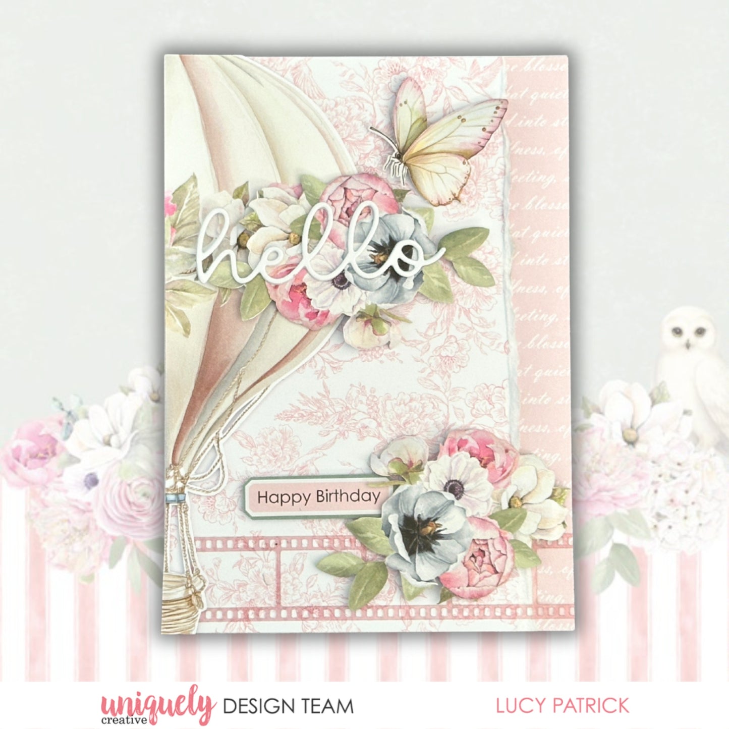 Happy Birthday card created with Whispers of Wisdom collection featuring hello sentiment, watercolour butterfly, floral cluster, and pink patterned paper with soft blush tones