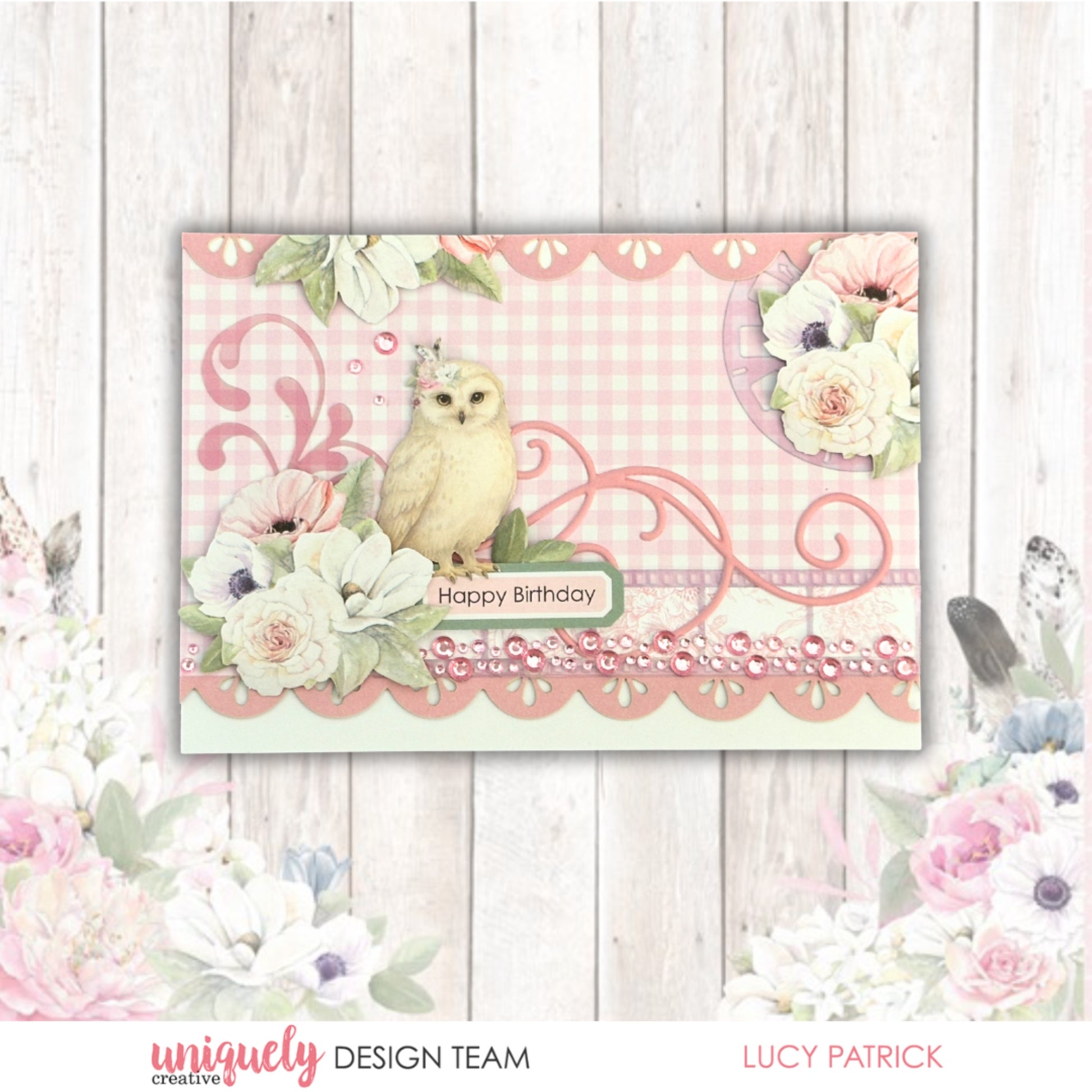 Handmade Happy Birthday card using Whispers of Wisdom featuring pink gingham pattern, watercolour owl, white anemone florals, pink flourish stickers, and rhinestone tape embellishments