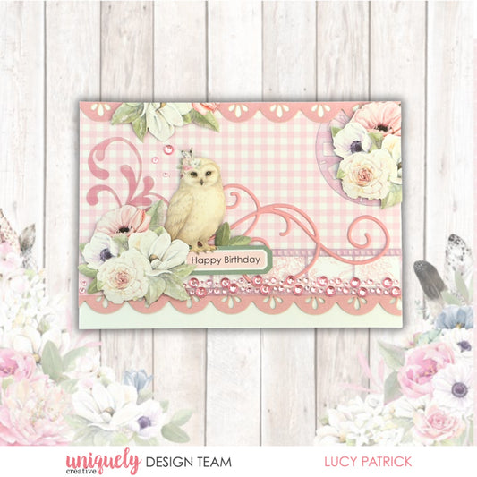 Handmade Happy Birthday card using Whispers of Wisdom featuring pink gingham pattern, watercolour owl, white anemone florals, pink flourish stickers, and rhinestone tape embellishments